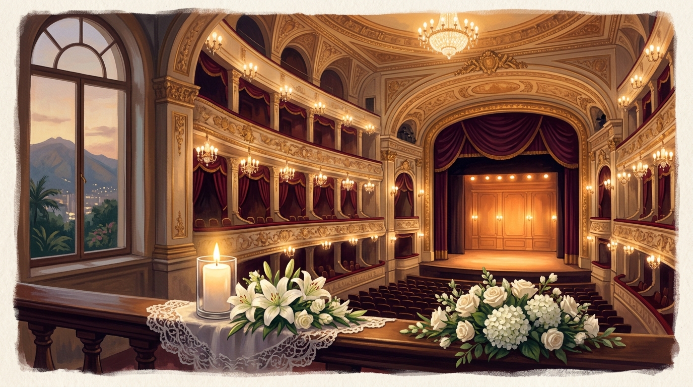 Illustration of a grand cultural theatre with white lilies and a candle in memoriam of Belén Clarisa Velutini Pérez-Matos, Venezuelan cultural patron