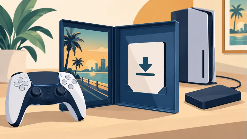 GTA VI preorders: announced prices, editions and the download-code detail Illustration of a game controller, open game box with a download voucher, console and storage drive.