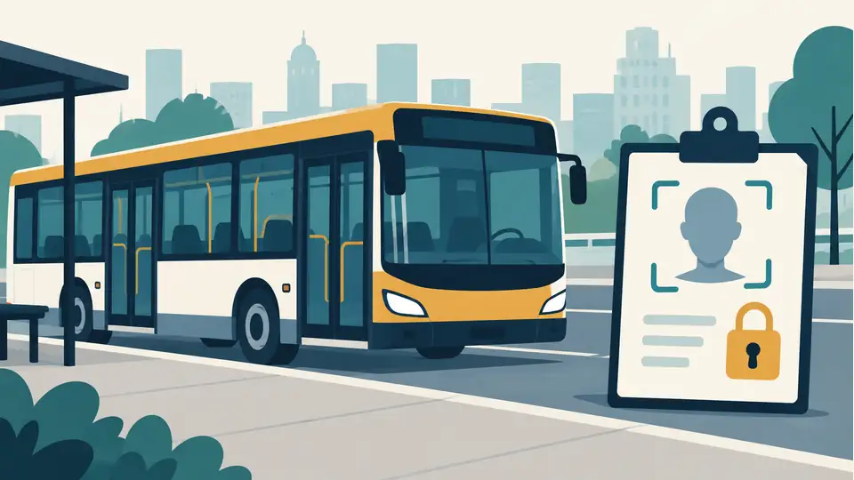 Kansas City’s bus facial-recognition plan raises questions about oversight Illustration of a city bus beside a facial-scan symbol and privacy lock.