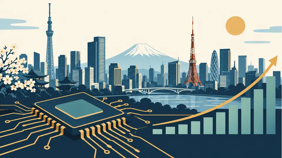 Nikkei closes above 68,000 on June 3 as AI-linked shares advance Illustration of Tokyo buildings beside a microchip and rising market line.