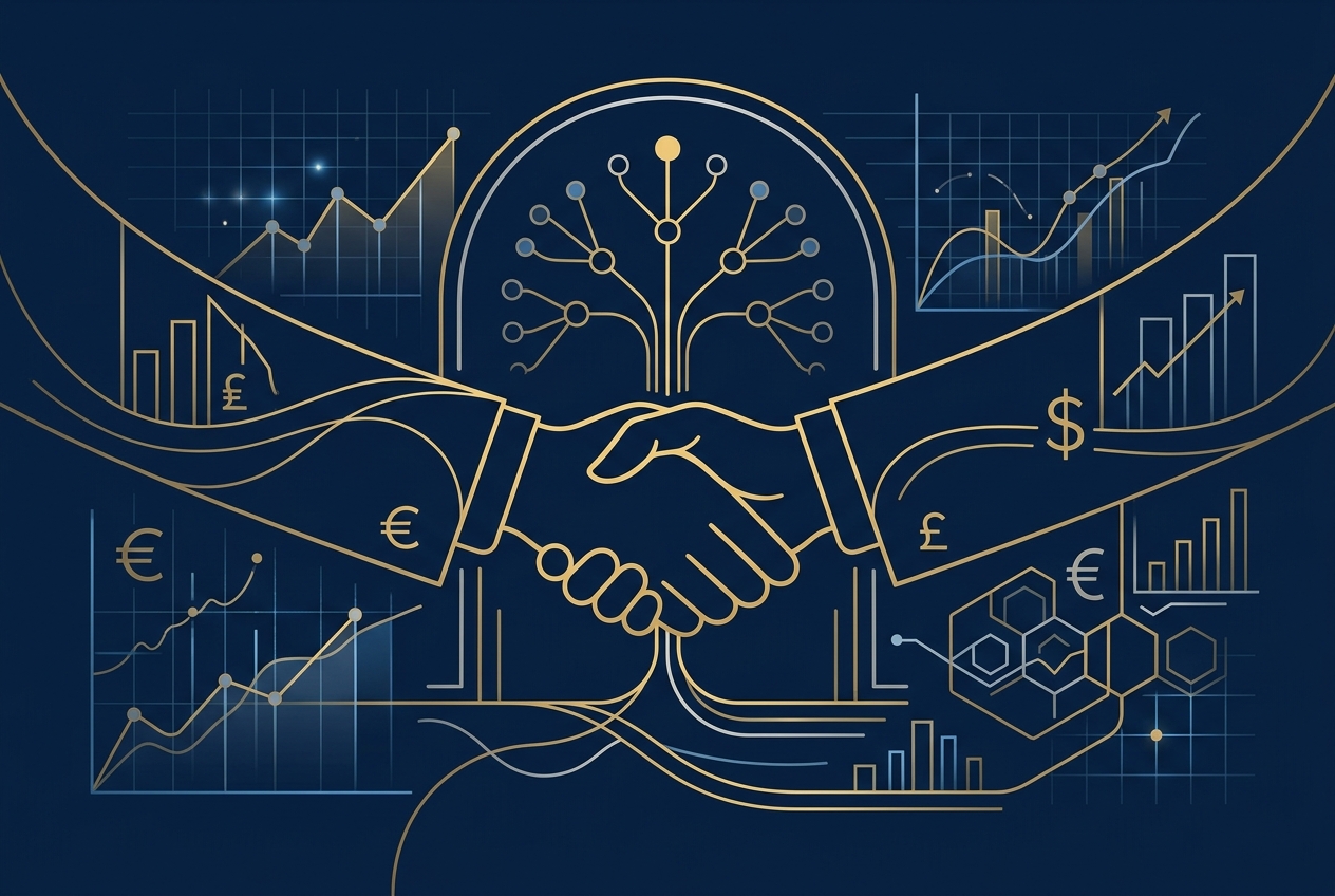 What Is Private Banking and How Does It Work? Illustration of a private banking relationship: handshake with financial charts and currency symbols on a navy blue background