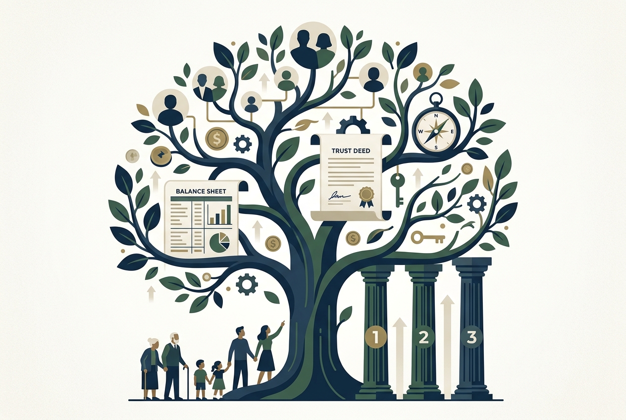 How Family Offices Manage Multigenerational Wealth Illustration of a family tree intertwined with financial symbols including trust deeds, balance sheet, compass and generational pillars