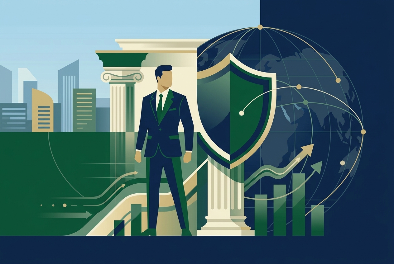 Britannia Financial Group: An Institutional Profile Illustration for Britannia Financial Group profile: classical column, shield motif and globe lines representing international financial reach