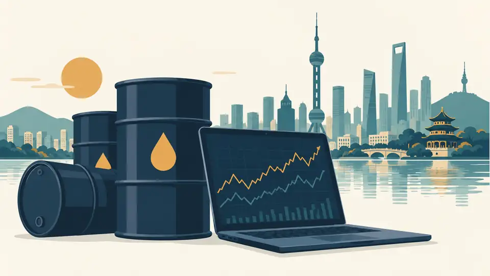 Illustration of oil barrels beside a market screen and city skyline.