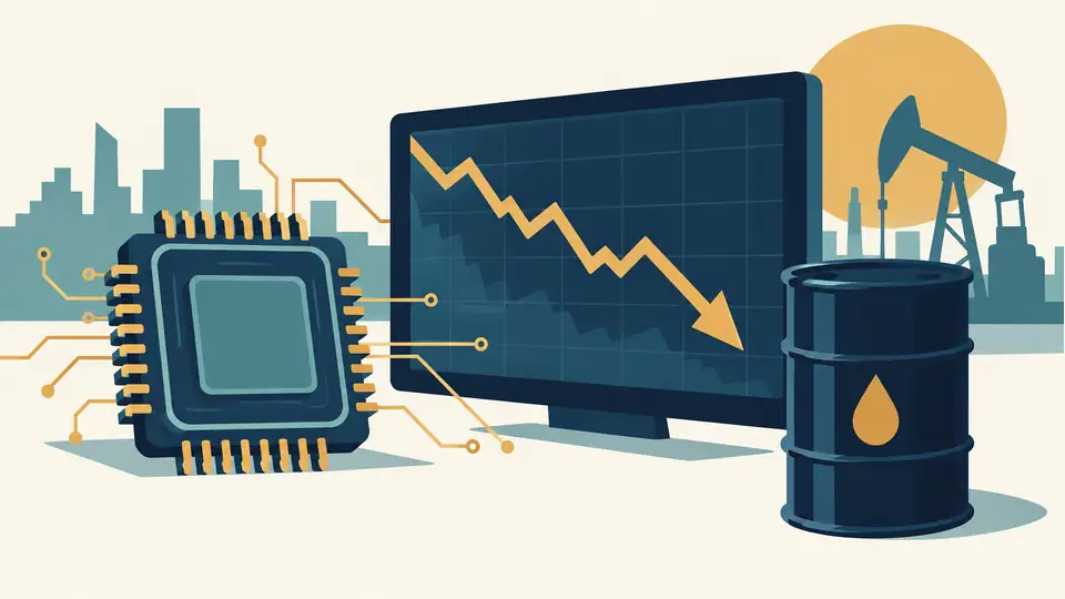 AI stock losses spread across markets: how to read the June 24 sell-off Illustration of a microchip, falling market line and oil barrel.