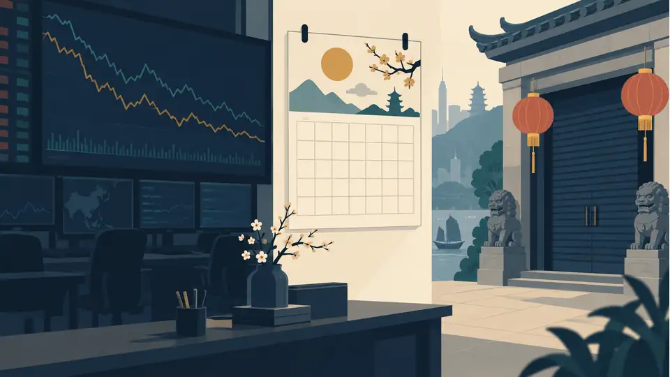 June 19 Asian market retreat came during holiday closures Illustration of a market screen and holiday calendar beside a closed doorway.