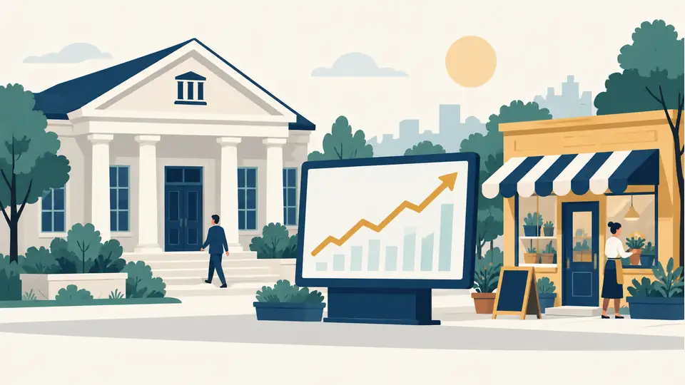 Dow reaches a record as banks and smaller stocks lead the June 4 rally Illustration of a bank and small storefront beside a rising market line.