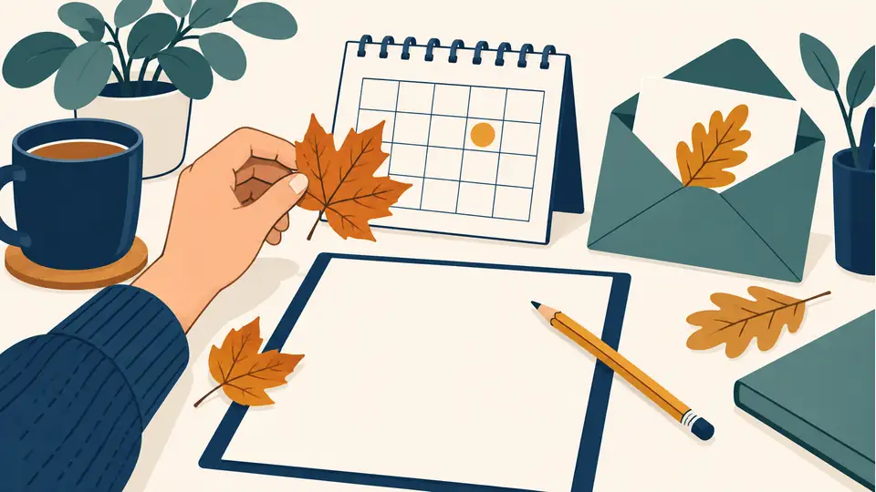 Plan seasonal PR around an audience need, not just a calendar date Illustration of a hand holding an autumn leaf beside a calendar, envelope and blank planning sheet.