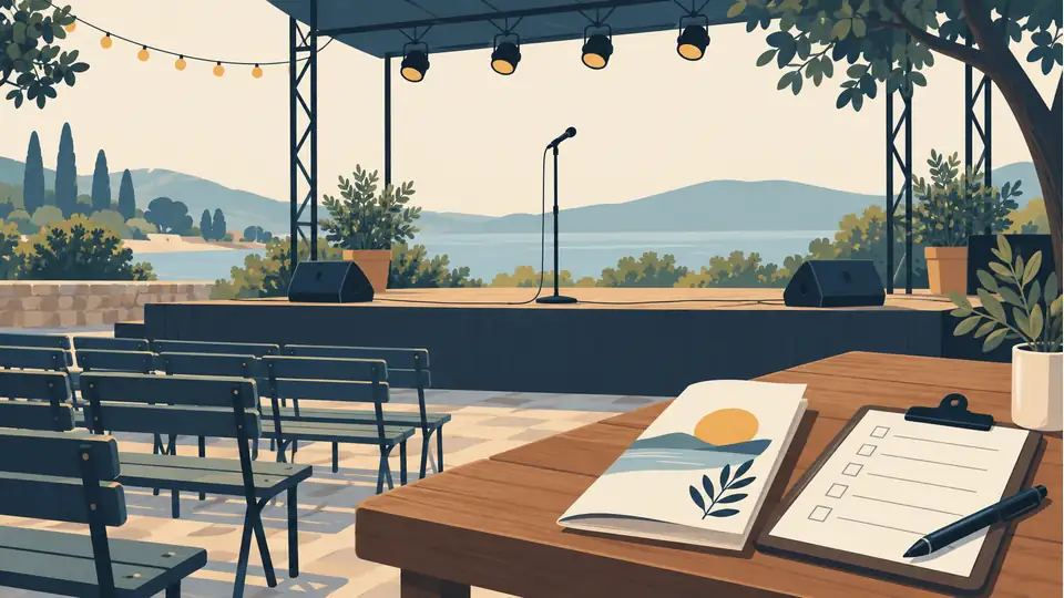 Freedom 250 performer withdrawals show why event positioning must be explicit Illustration of an empty event stage, microphone and planning clipboard.