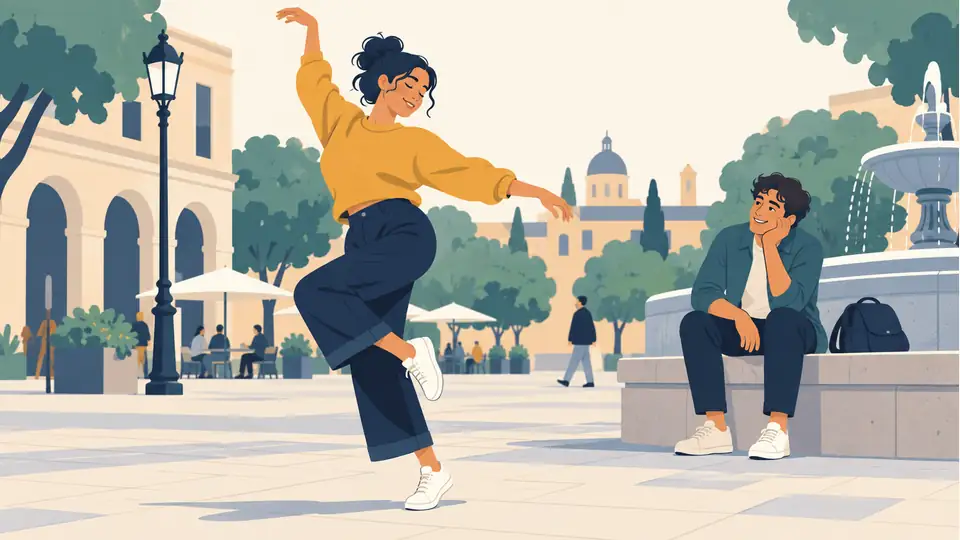 How ‘aura farming’ moved from online slang to public dance contests Illustration of a dancer performing in a plaza as another person watches.