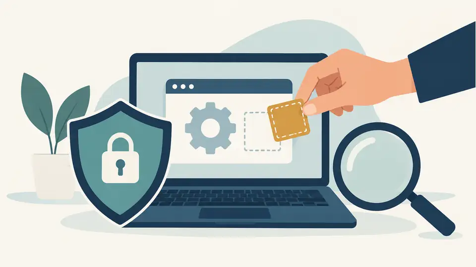 SoftBank announces AI-assisted vulnerability assessment and remediation service Illustration of a laptop shield, software patch and magnifying glass.