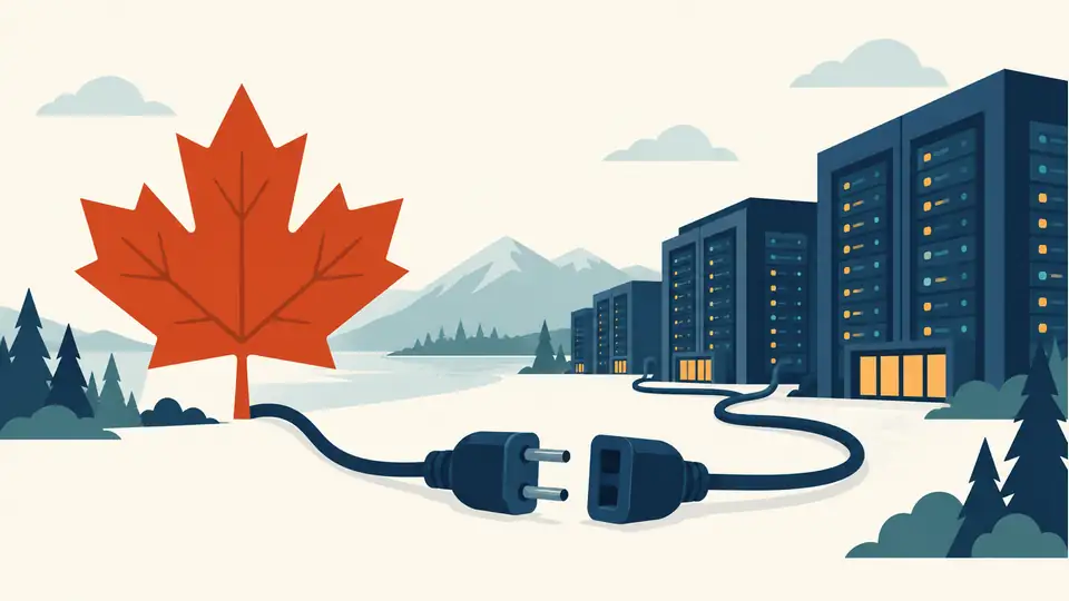 Carney’s AI warning puts technology dependence under scrutiny Illustration of a maple leaf, connected data centers and a cable.