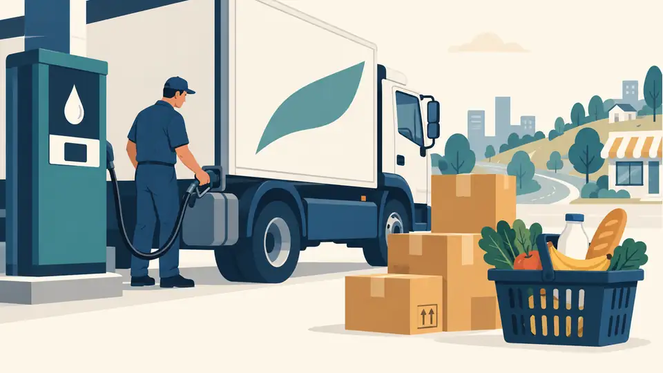 U.S. diesel reaches a nominal record of $5.85 a gallon: where the cost pressure travels Illustration of a diesel pump, delivery truck, parcels and grocery basket.
