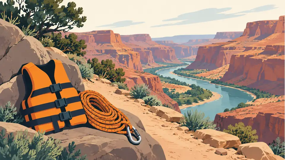 Grand Canyon floods: rescue toll and water-system damage complicate visits Illustration of rescue equipment beside a canyon trail and river.