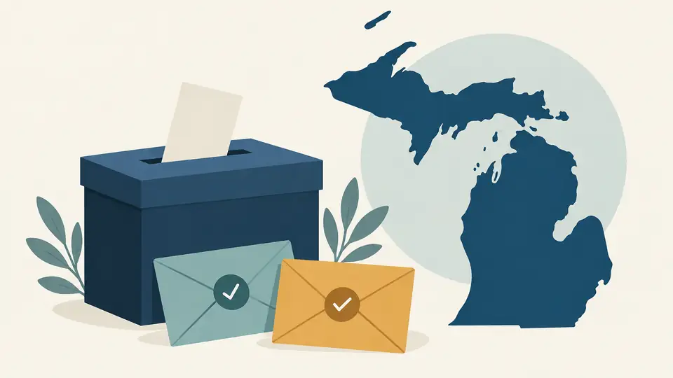 Michigan’s Senate contest: what crossover endorsements do and do not reveal Illustration of a ballot box and endorsement envelopes beside an outline of Michigan.