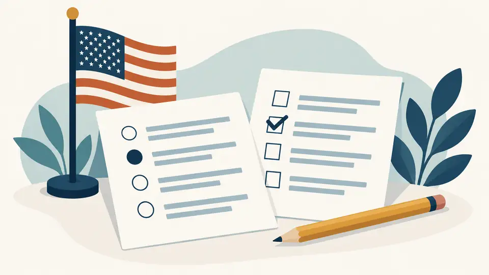Polls find declining national pride, but their questions measure different things Illustration of two survey sheets, a pencil and a United States flag.