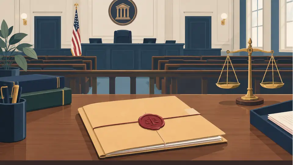 Fifteen charged in Minnesota protest-related case; indictment is not a verdict Illustration of a court folder and legal scales in an empty courtroom.