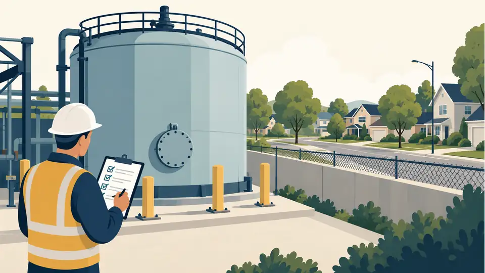 Garden Grove chemical incident: evacuation orders lifted May 26 Illustration of an industrial tank and safety clipboard near a neighborhood.