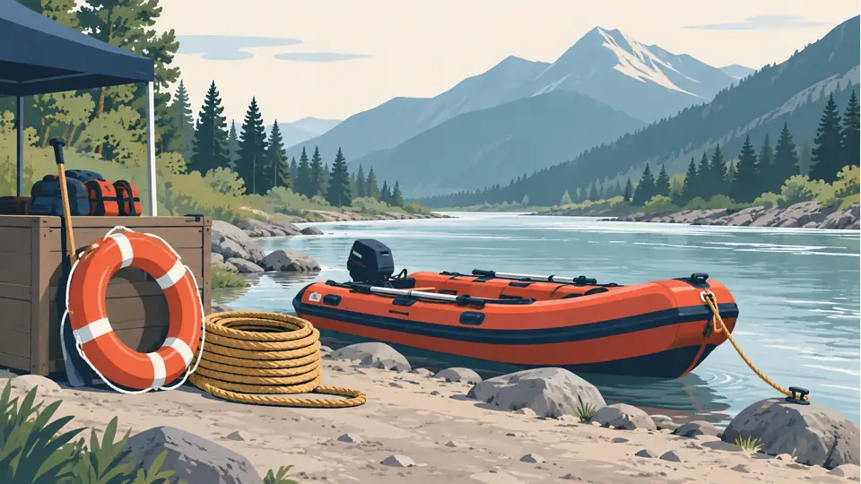 Nepal–China floods: understanding the August 2026 rescue figures Illustration of a rescue boat and safety equipment near a mountain river.
