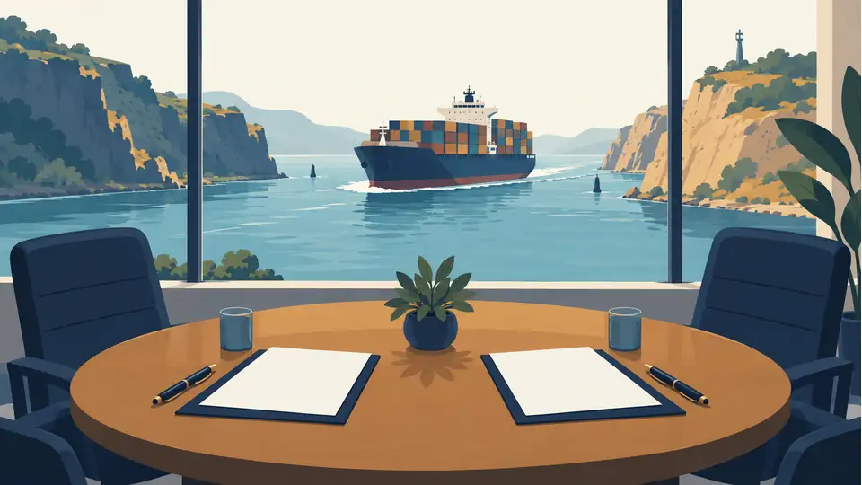 Illustration of negotiation papers beside a window overlooking a shipping channel.