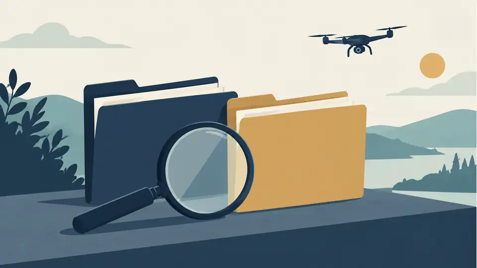 July 20 Moscow-region drone attacks: Russian and Ukrainian accounts describe different evidence Illustration of two source folders, a magnifying glass and a distant drone.