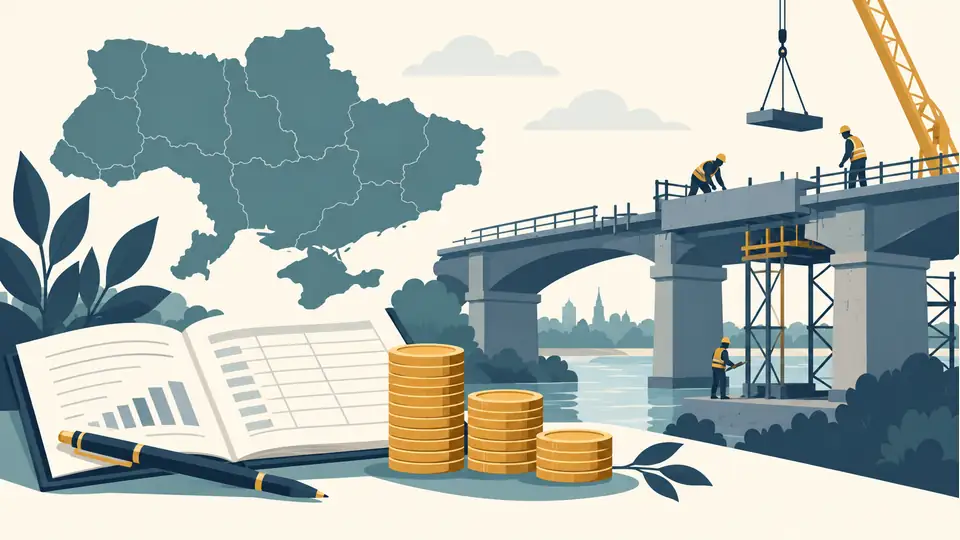 How the EU’s €90 billion Ukraine loan supports budget and defense needs Illustration of a budget ledger, coins and bridge beside an outline of Ukraine.