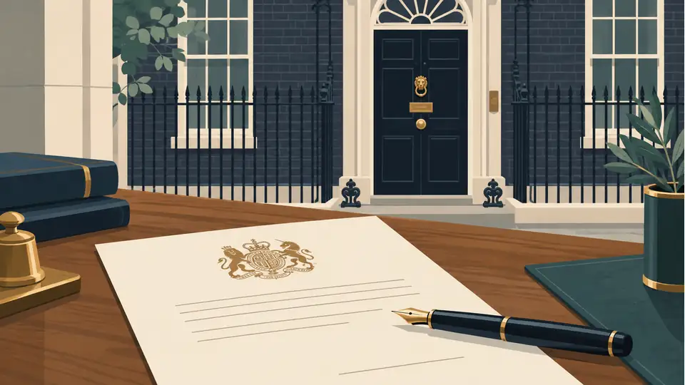 Andy Burnham’s July 2026 appointment: the official succession record Illustration of an appointment document and pen beside a government doorway.