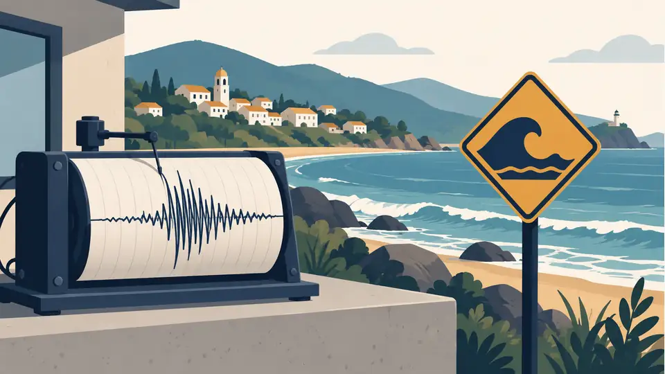 Mindanao’s June 8 earthquake: regional damage and the lifted tsunami warning Illustration of a seismograph and wave warning sign beside a coastal town.