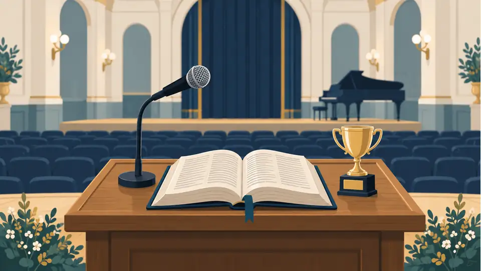 2026 Spelling Bee: Shrey Parikh wins at the new Constitution Hall venue Illustration of a microphone, dictionary and trophy in an auditorium.