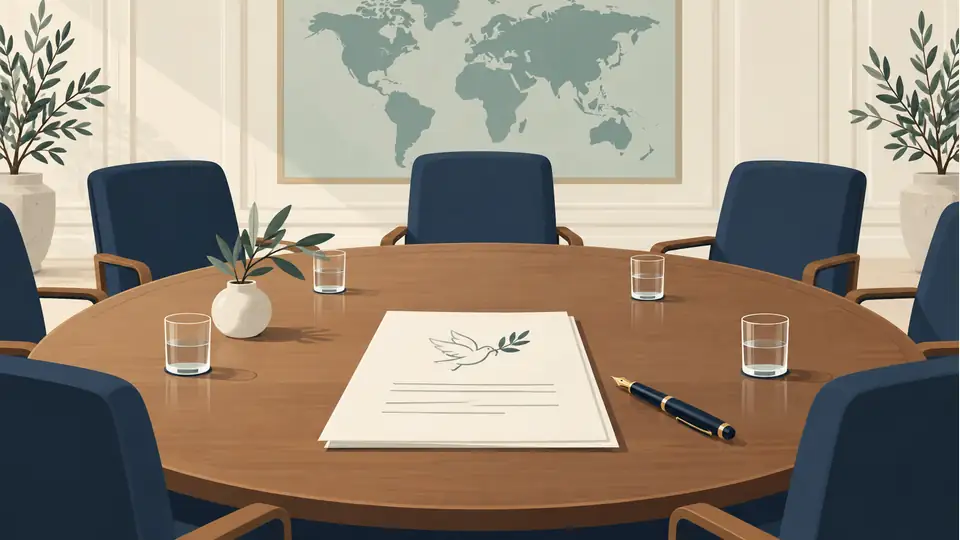 The May 25 Iran talks framework: progress was not a completed peace agreement Illustration of a draft agreement and pen on a diplomatic table.